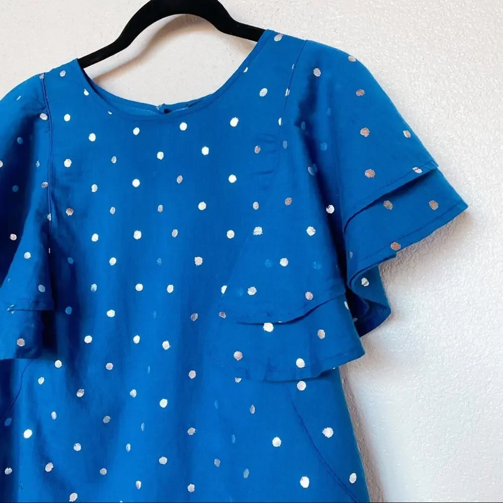J. Crew Ruffle Flutter Sleeve Metallic Dot Top Size Small